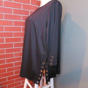 NWT Cato Womens Black Tunic Top Sz 22/24W Metal Grommets 20-inch Sleeves